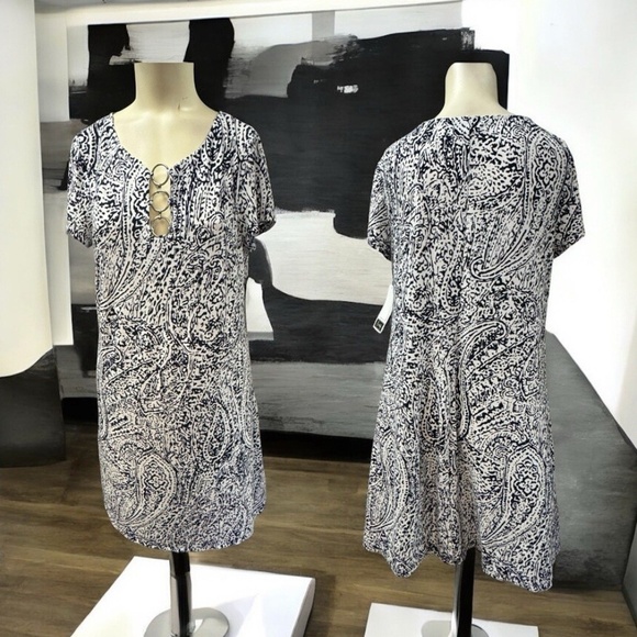 Everlily, Dress Fall,Navy-White,Sz M,Short Sleeve,Knee Length,V-Neck Hoops.! - Picture 1 of 11
